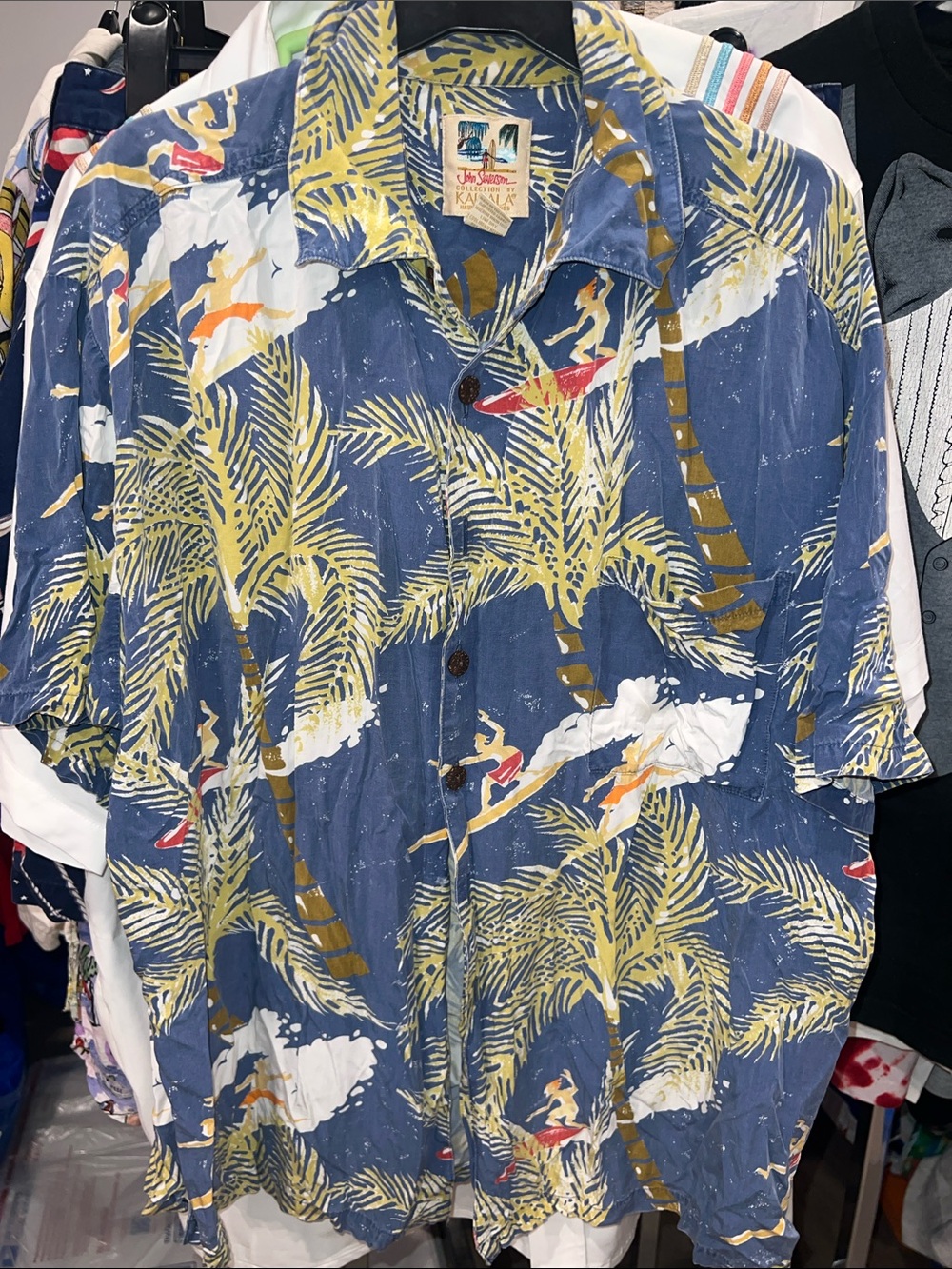 90s John Severson Hawaiian Surfer Blue Tropical Palm Print Short-Sleeve Shirt